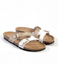 BACKSUN Klapki "Talca" w kolorze złoto-białym rozmiar: 41. Białe klapki damskie Backsun, bez wzorów, z materiału, z otwartym noskiem, bez obcasa, bez zapięcia. Za 130.99 zł.