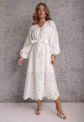 Biała Boho Sukienka z Bawełny z Haftem Wiązaniem i Ażurowymi Detalami Adrirena. Białe sukienki damskie Renee, w ażurowe wzory, z bawełny, boho, bez ramiączek. Za 309.99 zł.