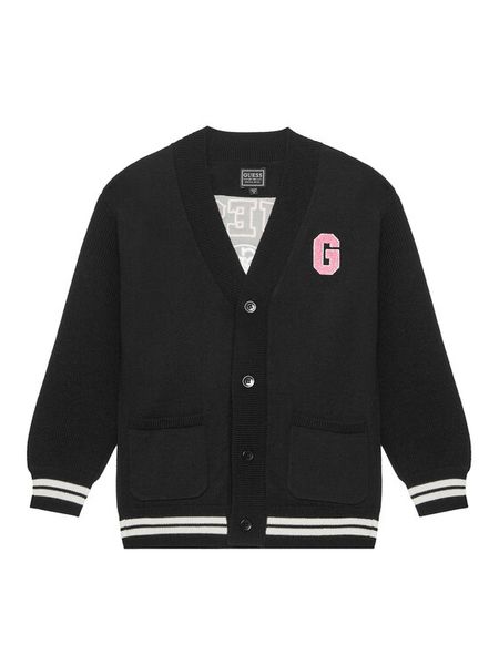 Guess Kardigan J5YR11 Z3OF0 Czarny Regular Fit. Czarne swetry dziewczęce Guess, z aplikacjami, z syntetyku, bez kołnierzyka, bez ramiączek. Za 179.99 zł.
