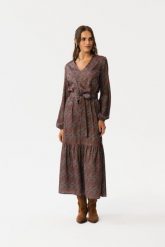 Sukienka Maxi z Nadrukiem z Długim Rękawem. Sukienki damskie MOE, bez wzorów, z materiału, bez ramiączek. Za 359.90 zł.