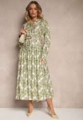 Zielona Wiskozowa Sukienka w Ornamentalny Wzór o Rozkloszowanym Kroju Gonalia. Zielone sukienki damskie Renee, bez wzorów, z wiskozy, eleganckie, bez ramiączek. W wyprzedaży za 99.99 zł.