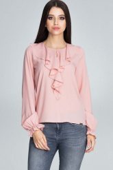 Różowa Wizytowa Bluzka z Falbankami przy Dekolcie. Czerwone bluzki damskie Figl, s, bez wzorów, z elastanu, wizytowe, bez kołnierzyka, bez ramiączek. Za 179.00 zł.
