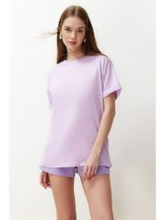 Trendyol Koszulka w kolorze jasnoróżowym rozmiar: XL. Różowe bluzki damskie Trendyol, xl, bez wzorów, z bawełny, bez kołnierzyka, bez ramiączek. Za 57.06 zł.