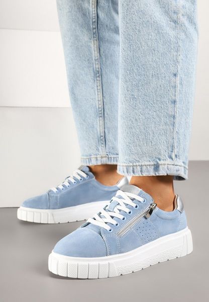 Niebieskie Skórzane Sneakersy na Grubej Podeszwie Ozdobione Perforacją Suwakiem Tellissa. Niebieskie obuwie sportowe damskie Born2be, z jeansu, bez zapięcia. Za 179.99 zł.