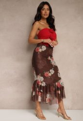 Brązowa Dopasowana Spódnica z Ozdobną Falbaną Efravaria. Brązowe spódnice damskie Renee, na co dzień, m, bez wzorów, eleganckie, midi. Za 69.99 zł.