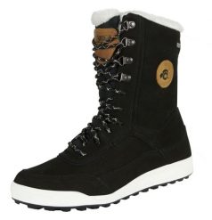 Damskie futrzane buty zimowe z wełny jagnięcej. Czarne obuwie trekkingowe damskie GUGGEN MOUNTAIN, z futra, przed kolano, bez zapięcia. Za 734.36 zł.