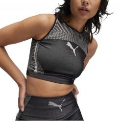 Koszulki Puma Model To Crop Top Kolor Czarny. Czarne koszulki sportowe damskie Puma, bez wzorów, z tkaniny, bez ramiączek. W wyprzedaży za 132.40 zł.