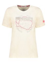 Geographical Norway Koszulka w kolorze kremowym rozmiar: L. Brązowe bluzki damskie Geographical Norway, l, bez wzorów, z bawełny, bez kołnierzyka, bez ramiączek. Za 61.46 zł.