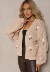 Brązowy Kardigan w Kwiatowe Aplikacje z Zapięciem na Elegancką Agrafkę Patista. Brązowe kardigany damskie Renee, z aplikacjami, z bawełny. Za 159.99 zł.