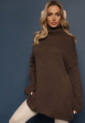 Brązowy Golf o Kroju Oversize z Wełną i Moherem Temirali. Brązowe golfy damskie Renee, bez wzorów, z jeansu, bez ramiączek. Za 169.99 zł.