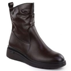 Botki damskie na koturnie brązowe Vinceza 26-58557. Brązowe botki damskie VINCEZA, ze skóry ekologicznej, eleganckie, bez obcasa, na koturnie, bez zapięcia. Za 189.99 zł.