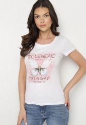 Biały Bawełniany T-shirt z Nadrukiem Motyla i Cyrkoniami Uliriela. Białe t-shirty damskie Born2be, s, bez wzorów, z bawełny, bez kołnierzyka. Za 34.99 zł.