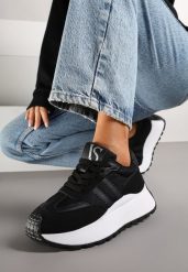 Czarne Sznurowane Sneakersy Vices na Platformie z Ozdobnymi Paskami Seliniel. Czarne obuwie sportowe damskie Renee, z jeansu, bez zapięcia. Za 99.99 zł.