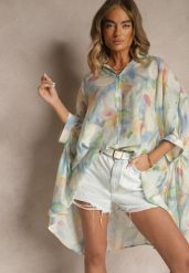 Niebieska Koszula z Bawełną w Kwiatowy Wzór Linetiela. Niebieskie koszule damskie Renee, na lato, bez wzorów, z bawełny, eleganckie, bez kołnierzyka, bez ramiączek. Za 74.99 zł.