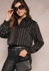 Czarna Koszula Zapinana w Ozdobne Cyrkonie Blekaza. Czarne koszule damskie Renee, s, bez wzorów, z satyny, eleganckie, bez kołnierzyka, bez ramiączek. Za 49.99 zł.