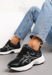Czarne Sneakersy na Grubej Podeszwie z Wstawkami Debuga. Czarne obuwie sportowe damskie Renee, bez zapięcia. Za 89.99 zł.