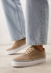 Ciemnobeżowe Klasyczne Tenisówki z Ozdobnym Paskiem przy Podeszwie Ranora. Brązowe trampki damskie Born2be, bez wzorów, z dresówki, bez zapięcia. Za 49.99 zł.