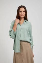 Lniana koszula oliwkowa. Zielone koszule damskie MOODO, xl, bez wzorów, bez kołnierzyka, bez ramiączek. W wyprzedaży za 69.99 zł.