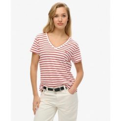 T-shirt z melangeowanym wzorem, z haftowanym logo i dekoltem w kształcie V dla k. Czerwone koszulki sportowe damskie Superdry, bez wzorów, bez kołnierzyka. Za 106.70 zł.