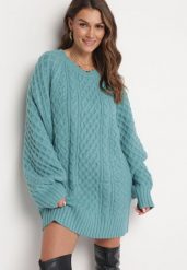 Zielony Sweter o Wydłużonym Fasonie z Modnym Splotem Ahexa. Zielone swetry klasyczne damskie Born2be, ze splotem, bez kołnierzyka. Za 149.99 zł.