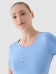 4F T-shirt slim z nadrukiem damski - niebieski S. Niebieskie t-shirty damskie 4F, s, bez wzorów, z bawełny, bez kołnierzyka. W wyprzedaży za 39.99 zł.