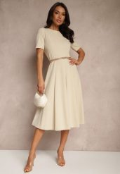 Beżowa Sukienka Rozkloszowana o Taliowanym Fasonie Telaswena. Brązowe sukienki damskie Renee, bez wzorów, eleganckie, bez ramiączek. W wyprzedaży za 75.99 zł.