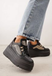 Czarne Sneakersy VICES na Koturnie z Brokatem Elanatale. Czarne obuwie sportowe damskie Born2be, bez zapięcia. Za 139.99 zł.