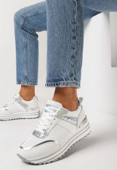 Biało-Srebrne Sneakersy na Grubej Ozdobnej Podeszwie z Brokatem Tarseli. Białe obuwie sportowe damskie Born2be, bez zapięcia. Za 119.99 zł.