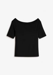 T-shirt z dekoltem carmen z mieszanki wiskozy. Czarne t-shirty damskie bonprix, bez wzorów, z wiskozy, bez kołnierzyka. Za 54.99 zł.