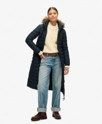Płaszcz Super Longline Fuji. Niebieskie płaszcze damskie Superdry, l, bez wzorów, z nylonu, bez kaptura. Za 646.55 zł.