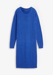 Sukienka dzianinowa oversize, z prążkowanej mieszanki bawełny. Niebieskie sukienki damskie bonprix, bez wzorów, z bawełny, bez ramiączek. Za 139.99 zł.