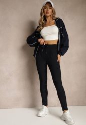 Granatowe Dopasowane Spodnie High Waist z Gumką i Wiązaniem w Talii Zelpia. Niebieskie rurki damskie Renee, bez wzorów, z jeansu, z podwyższonym stanem. Za 49.99 zł.