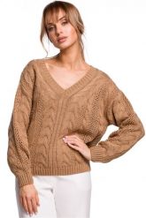 Lekki sweter damski ażurowy z dekoltem V splot w warkocz beżowy. Brązowe swetry klasyczne damskie Polskie swetry, l, z dzianiny, bez kołnierzyka. Za 245.00 zł.