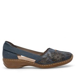 Półbuty Rieker. Niebieskie półbuty damskie Rieker, bez wzorów, bez obcasa, na płaskiej podeszwie, bez zapięcia. Za 299.99 zł.