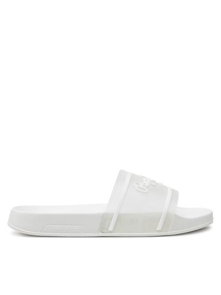 Pepe Jeans Klapki Slider Translucent W PLS70147 Biały. Białe klapki damskie Pepe Jeans, bez wzorów, z jeansu, bez obcasa, bez zapięcia. Za 209.99 zł.
