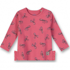 Koszulka w kolorze różowym. Czerwone koszulki i t-shirty dziewczęce Eat ants, z bawełny, z falbankami, z długim rękawem. W wyprzedaży za 42.95 zł.