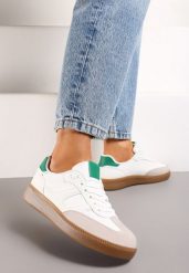 Biało-Zielone Sneakersy w Stylu Kultowych Tenisówek z Kauczukową Podeszwą Poseiama. Białe obuwie sportowe damskie Renee, z jeansu, bez zapięcia, tenisowe. Za 74.99 zł.