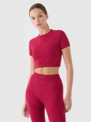 4F Crop top treningowy slim szybkoschnący damski - czerwony XS/S. Czerwone koszulki sportowe damskie 4F, s, bez wzorów, z dzianiny, bez ramiączek, na fitness i siłownię. W wyprzedaży za 39.99 zł.
