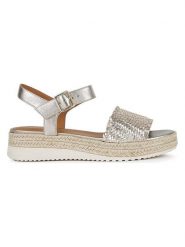 Geox Skórzane sandały "Eolie" w kolorze srebrnym na koturnie rozmiar: 37. Szare sandały damskie Geox, bez wzorów, z otwartym noskiem, bez obcasa, na koturnie, bez zapięcia. Za 243.84 zł.