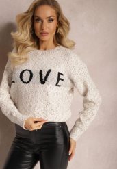 Jasnobeżowy Sweter z Ozdobnym Napisem Wykończony Ściągaczami Minisoji. Brązowe swetry klasyczne damskie Renee, l, z elastanu, bez kołnierzyka. Za 99.99 zł.