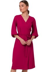 Sukienka elegancka kopertowa z bufiastymi rękawami śliwka. Sukienki damskie Sukienki.shop, bez wzorów, biznesowe, bez ramiączek. Za 349.00 zł.