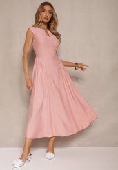 Różowa Rozkloszowana Sukienka z Wiskozy Lirune. Czerwone sukienki damskie Renee, bez wzorów, z wiskozy, eleganckie, bez ramiączek. W wyprzedaży za 107.99 zł.