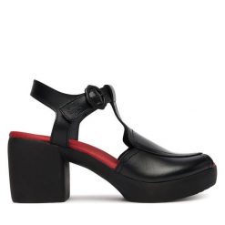 Sandały Fly London. Czarne sandały damskie Fly London, bez wzorów, bez obcasa, na słupku, bez zapięcia. Za 589.99 zł.