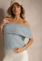 Niebieski Sweter Top z Hiszpańskim Wywijanym Dekoltem z Wełną Inarose. Niebieskie swetry klasyczne damskie Renee, m, z wełny, bez kołnierzyka. Za 89.99 zł.