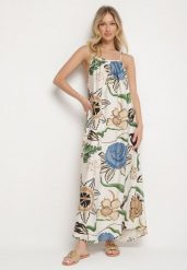 Jasnobeżowa Sukienka z Wiskozą i Lnem w Kwiaty Rinetia. Brązowe sukienki damskie Born2be, bez wzorów, z wiskozy, eleganckie, bez ramiączek. W wyprzedaży za 59.49 zł.