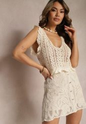 Beżowa Bawełniana Kamizelka Top Boho z Ażurowymi Wycięciami Norafia. Brązowe kamizelki damskie Renee, na lato, l, w ażurowe wzory, z bawełny, bez kaptura. Za 59.99 zł.