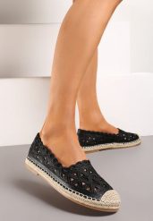 Czarne Ażurowe Espadryle na Płaskiej Plecionej Podeszwie Kueria. Czarne espadryle damskie Renee, w ażurowe wzory, bez obcasa, na płaskiej podeszwie. Za 59.99 zł.