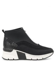 Rieker Botki N6352-00 Czarny. Czarne botki damskie Rieker, z materiału, bez obcasa, na koturnie, bez zapięcia. Za 259.99 zł.