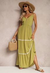 Jasnozielona Sukienka Zapinana na Guziki na Ramiączkach z Gumką w Talii i Falbanką Tiamalia. Zielone sukienki damskie Renee, bez wzorów, eleganckie, bez ramiączek. W wyprzedaży za 39.99 zł.