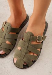 Zielone Klapki z Paskami w Stylu Gladiatorek z Klamerką Lorianatea. Zielone klapki damskie Born2be, bez wzorów, z jeansu, bez obcasa, na płaskiej podeszwie, bez zapięcia. Za 69.99 zł.